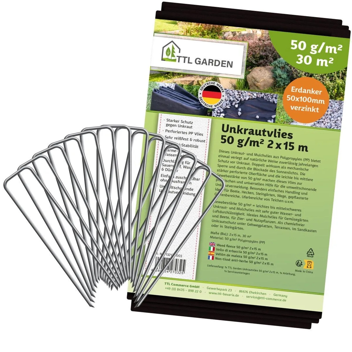 TTL GARDEN Unkrautvlies 50g/m² 2x15m (30m²) Schwarz Inkl. 50 Erdanker 100mm Gartenvlies Mulchvlies wasserdurchlässig UV-stabil