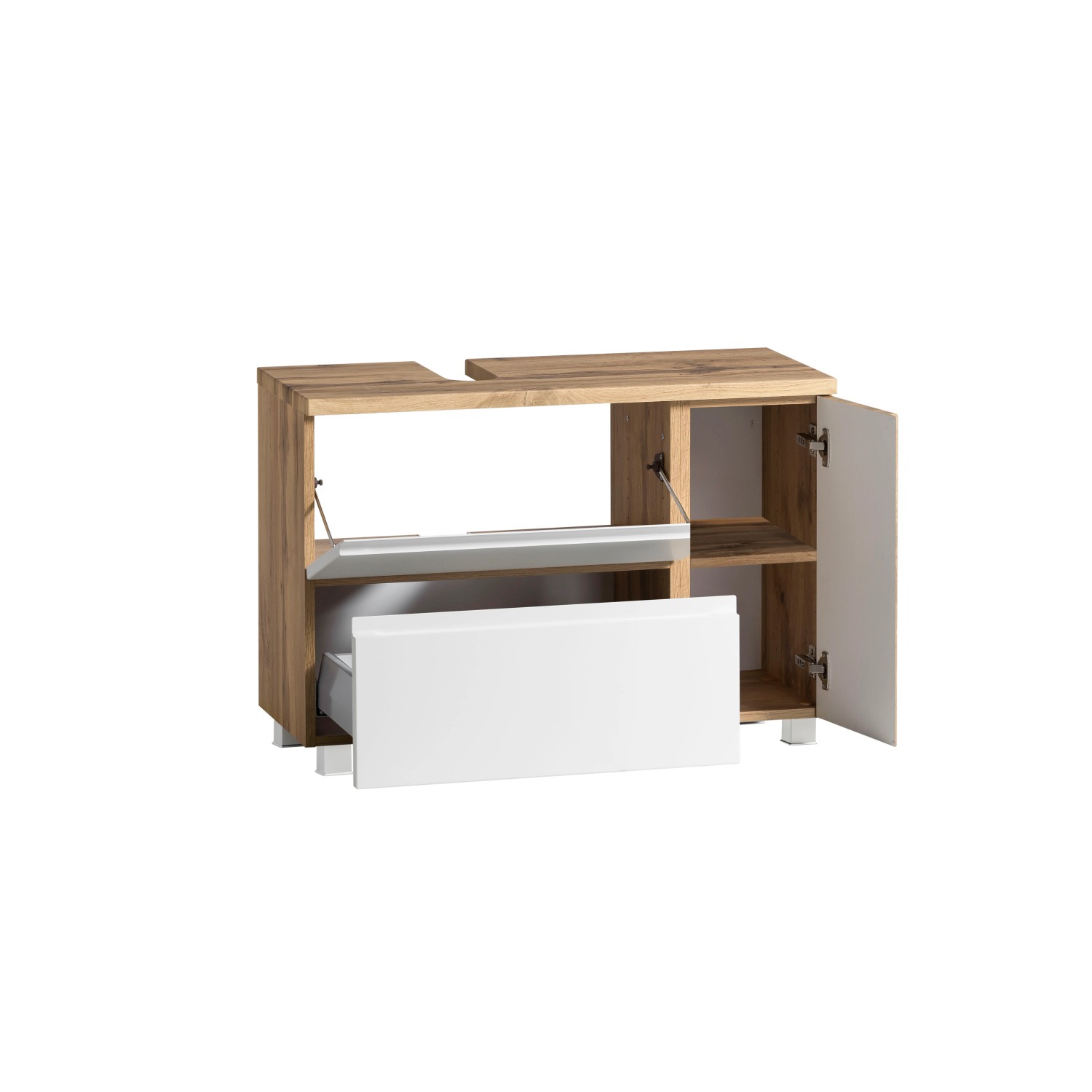 Held Möbel Unterbeckenschrank Ancona, 85 cm, Weiß/Wotaneiche, mit Schublade und Tür.