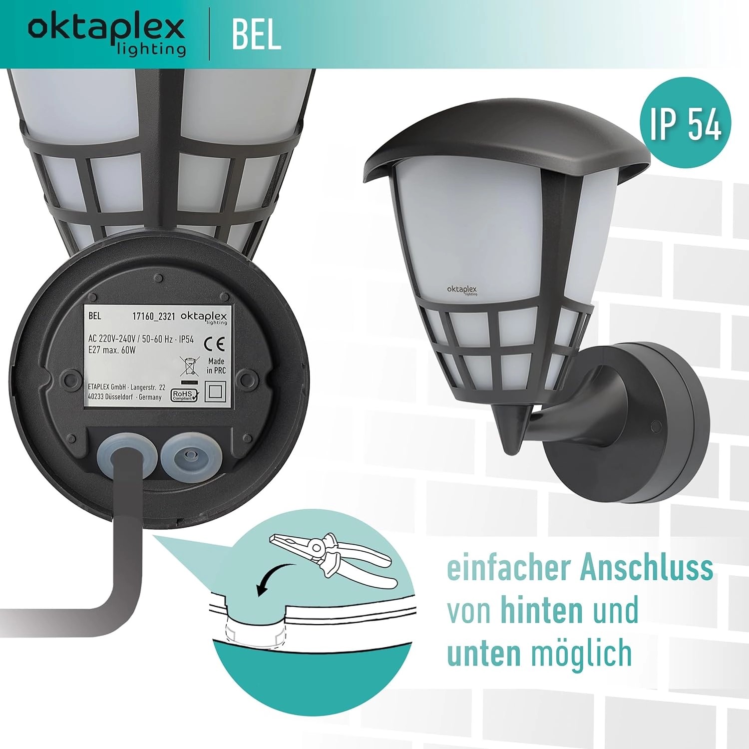 Oktaplex Bel Außenwandleuchte, anthrazit, E27, IP54. Wandlampe für den Außenbereich mit einfacher Montage.