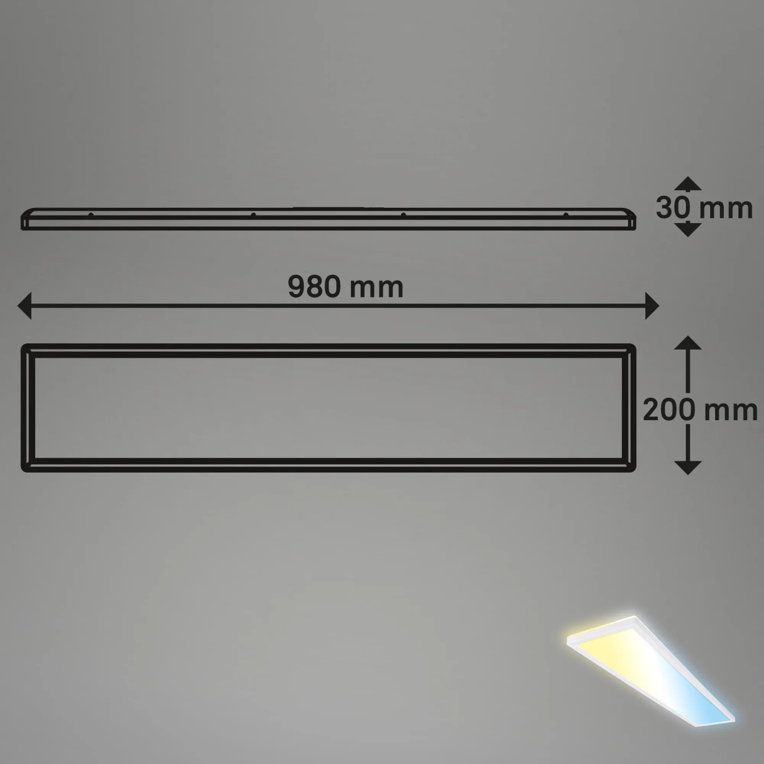 Skizze des Brilo Wifi-LED Panel Tava 36W, Maße: 980x200x30mm, smarte Leuchte mit App-Steuerung.
