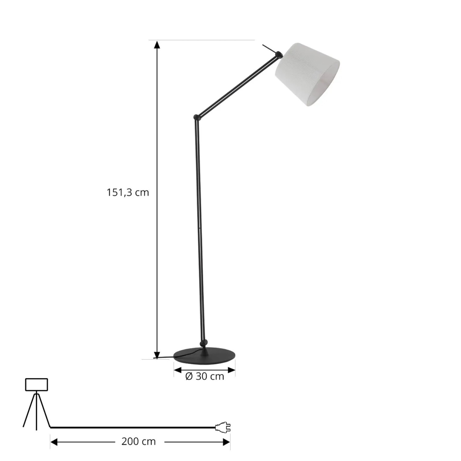 Moderne, schwarze Lucande Stehlampe Caelia mit weißem Stoffschirm für Wohnzimmer.