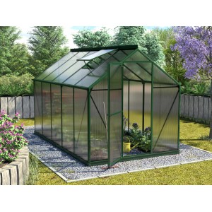 Dunkelgrünes Gewächshaus Triton 6200 mit Fundament und geöffneter Tür. Inkl. Dachfenster.