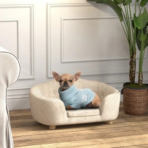 PawHut Hundebett: Beige Mini-Couch mit Kissen und Rückentasche für kleine Hunde.