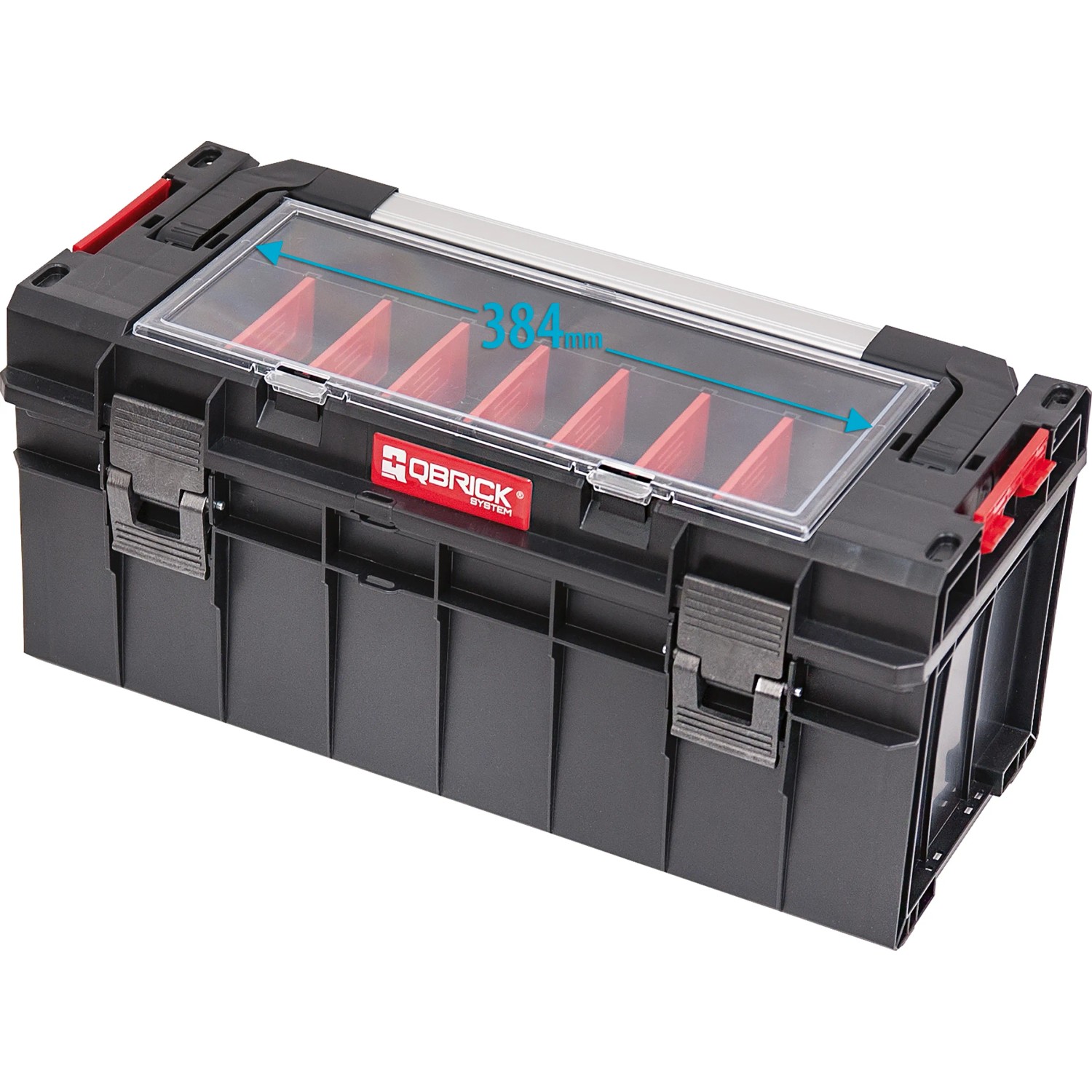 QBRICK Werkzeugkoffer PRO 600 Profi, schwarzer Werkzeugkasten mit transparentem Deckel und roten Fächern.