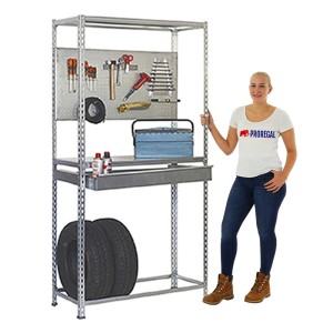 PROREGAL Reifenregal mit Arbeitsfläche, Schubfach und 6 Reifen, verzinkt.
