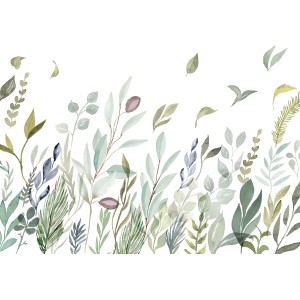 Komar Vliesfototapete Breeze, 350x250 cm, mit Aquarell-Blättern in Grün- und Blautönen.