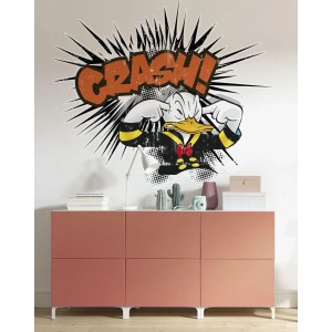 Wandtattoo: Donald Duck mit "Crash!" Schriftzug in Orange, Gelb und Schwarz-Weiß, 127x160cm.