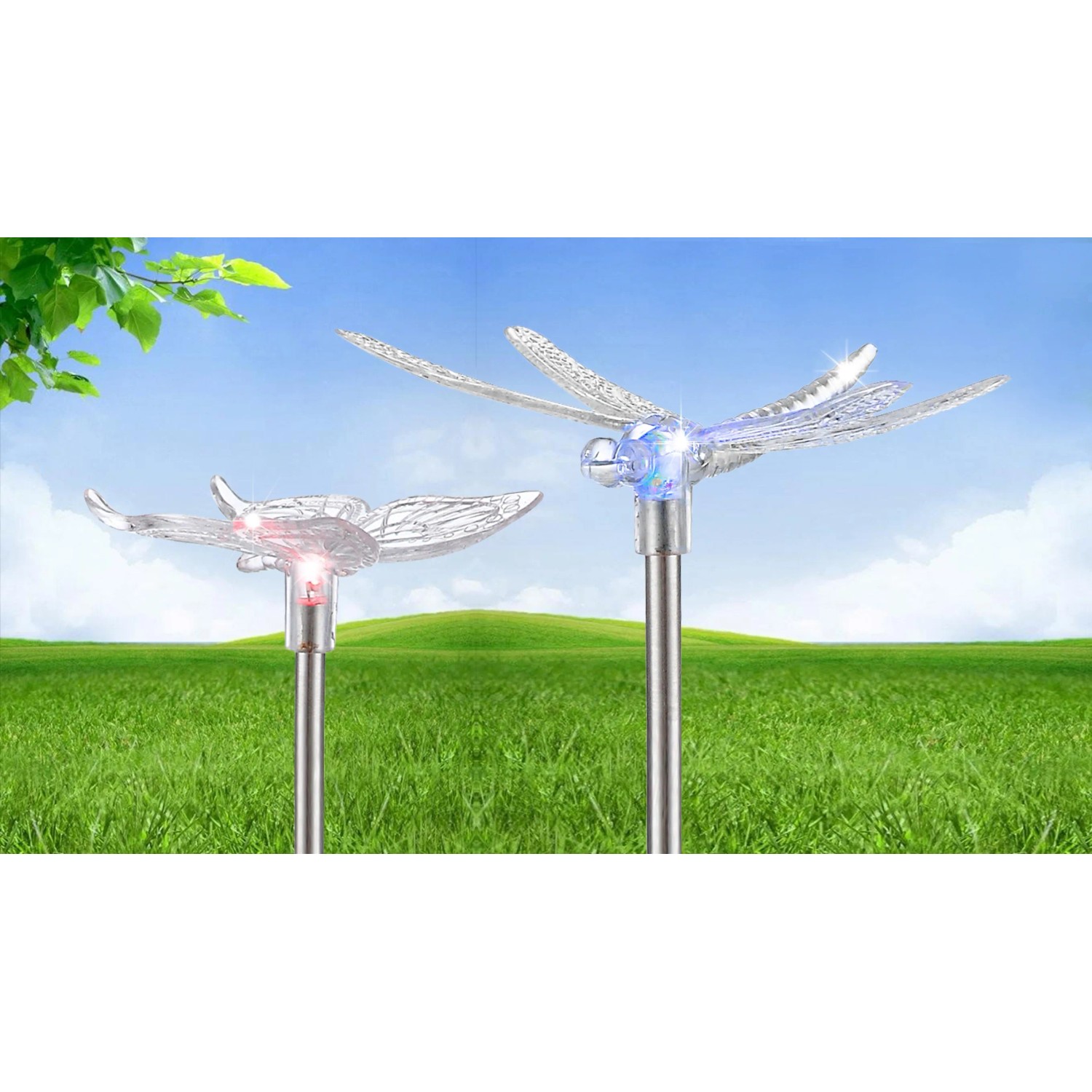 Globo Solar-Deko: 4 bunte LED-Solaraußenleuchten in Insektenform (Libelle, Schmetterling) im Garten.