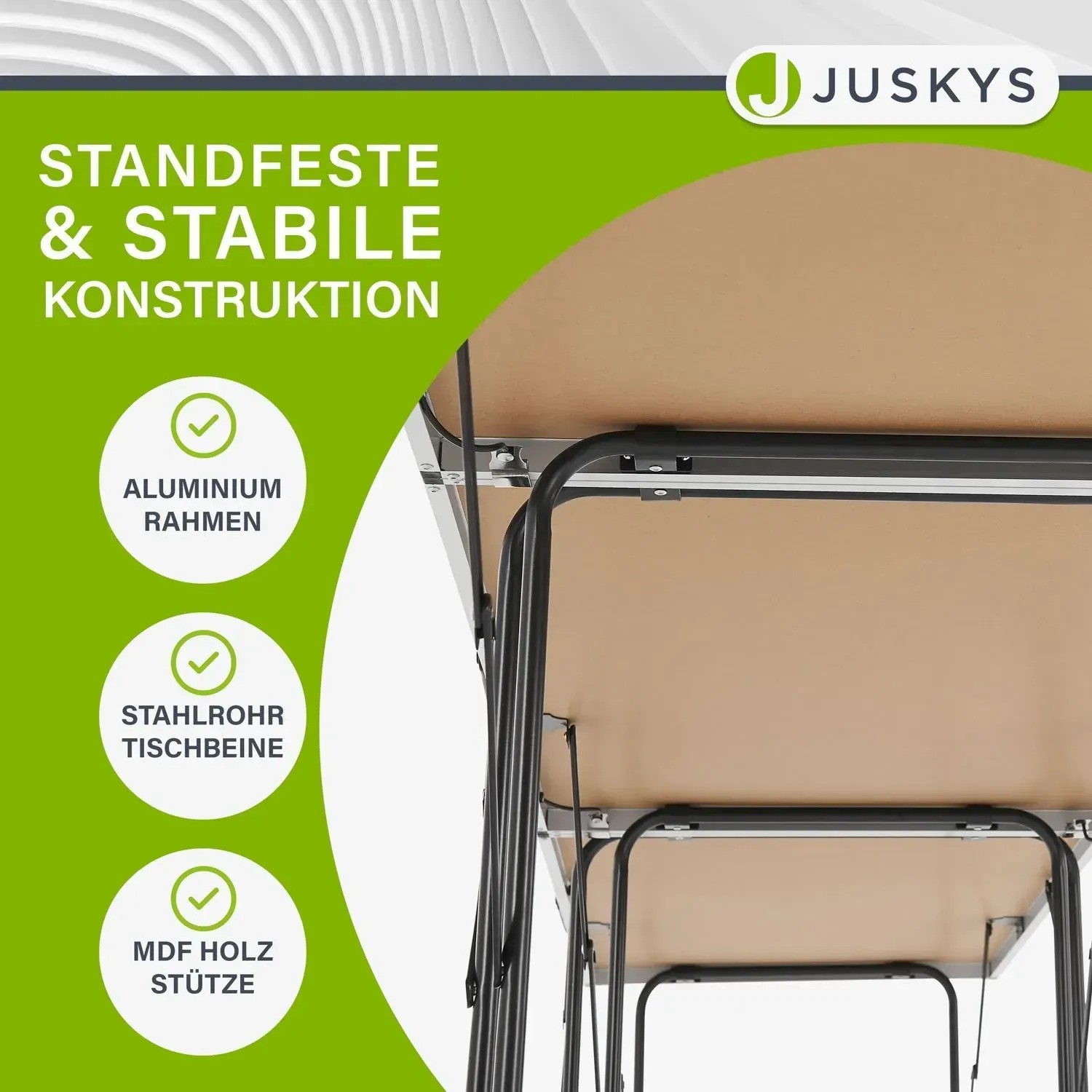 Detailansicht Juskys Multifunktionstisch 3er Set: Aluminiumrahmen, Stahlrohr-Tischbeine und MDF-Holzstütze.