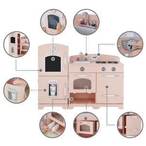 Rosa Teamson Kids Spielküche aus Holz mit Herd, Spüle, Kühlschrank und Zubehör.