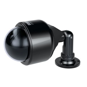 Schwarze Basi Solar Kamera-Attrappe mit Blinklicht und Wandhalterung.