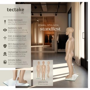 Beige Tectake Schaufensterpuppe aus Kunststoff, beweglich, 110 cm hoch, auf Glasplatte.