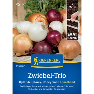 Kiepenkerl Zwiebel-Trio: Saatband mit gelben, roten und weißen Zwiebeln.