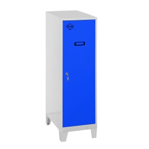 Blau-weißer PROREGAL Schließfachwürfel AMEGO mit Standfüßen, Spind für Garderobe.
