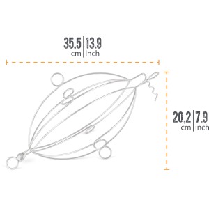 Geflügel-Grillkorb aus Edelstahl mit Kette und Haken, Maße sind eingezeichnet.
