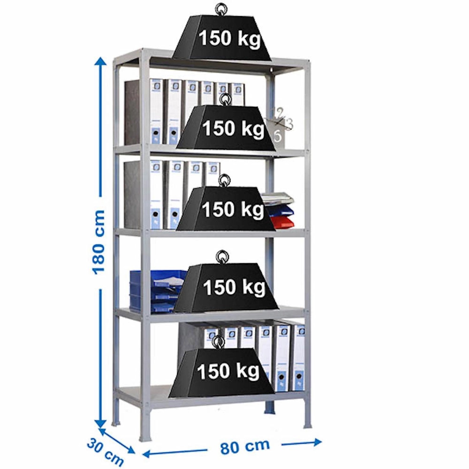 Graues PROREGAL Wohnregal Living Koala mit 5 Böden, beladen mit Ordnern und Gewichten.
