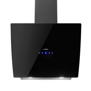 Schwarze Klarstein Annabelle 60 Wandhaube mit Glasfront und Touch-Armatur.