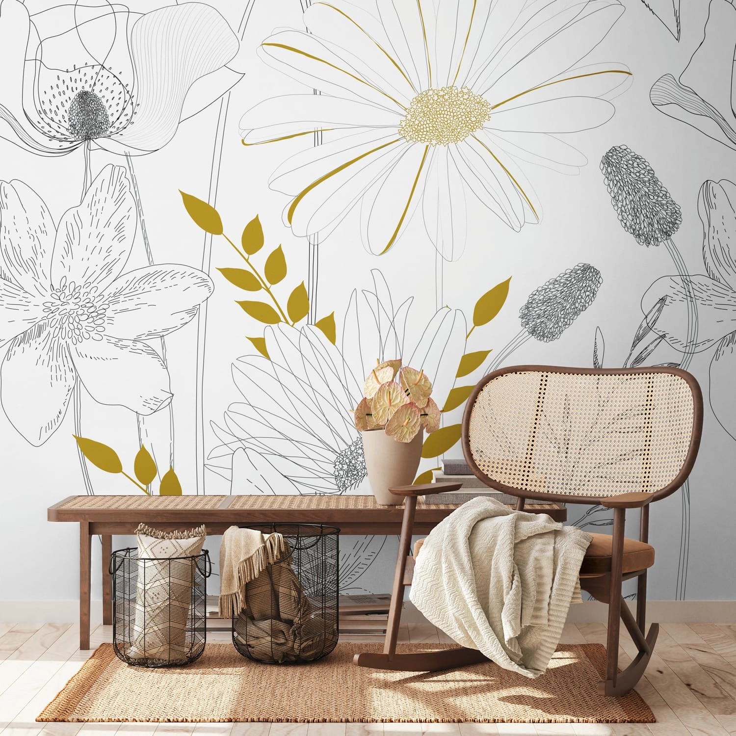 PROFHOME 392131-GU Fototapete Blumen Matt Weiß Schwarz Gelb 1,59 m x 2,8 m günstig online kaufen