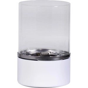 Weißes Tenderflame Tischfeuer Turm mit Glaszylinder für Innen & Außen als Deko-Kamin.