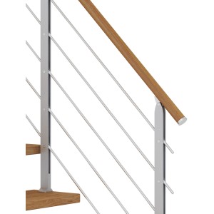 Detailansicht: Dolle Mittelholmtreppe Hamburg mit Eiche-Stufen und perlgrauem Geländer.