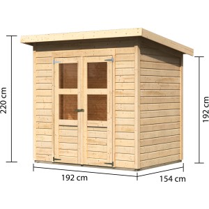 Karibu Holz-Gartenhaus Neuenburg, unbehandelt, mit Pultdach und Doppeltür. Abmessungen: 208x150 cm.