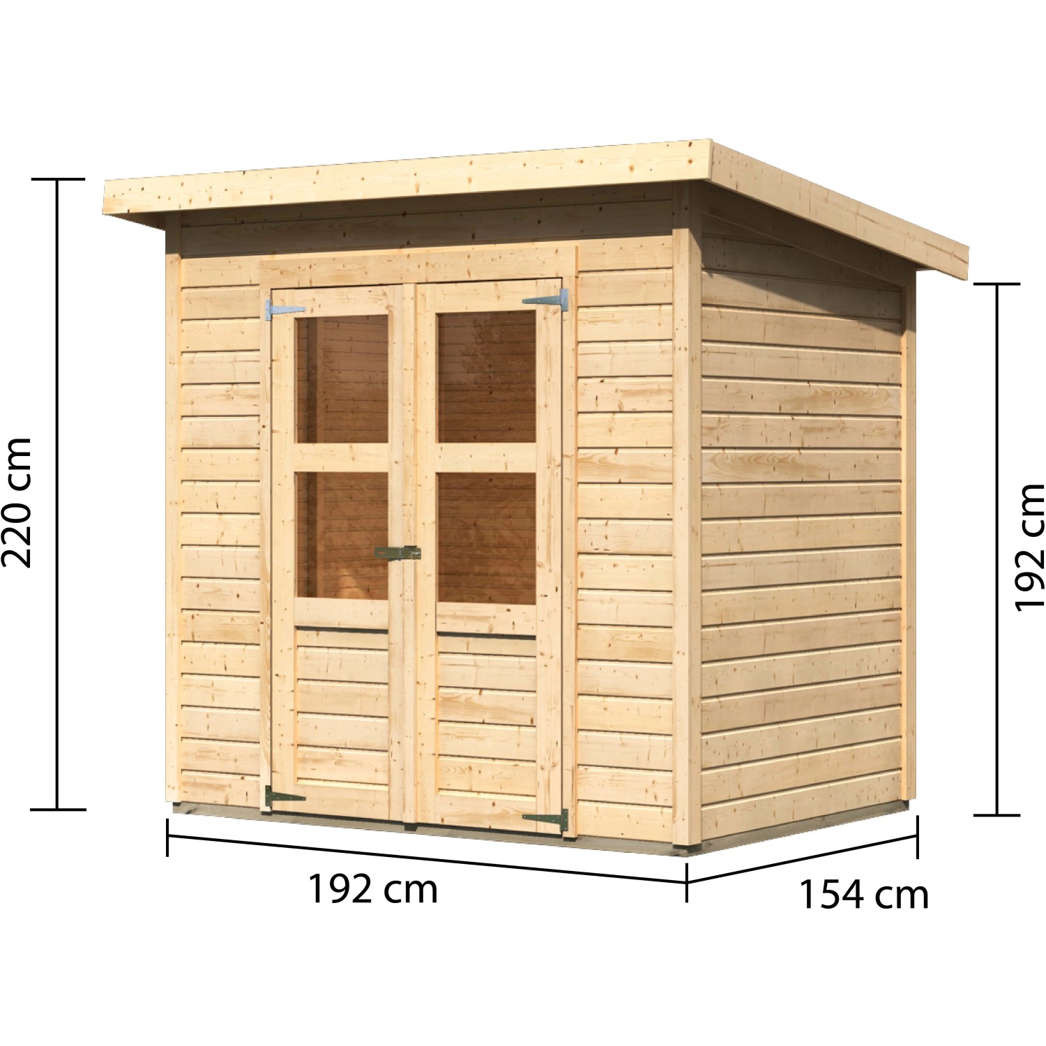Karibu Holz-Gartenhaus Neuenburg, unbehandelt, mit Pultdach und Doppeltür. Abmessungen: 208x150 cm.