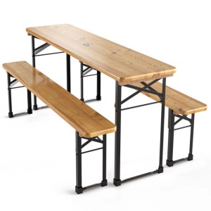 Klappbare Beautissu Bierzeltgarnitur 3-tlg. aus Holz und schwarzem Stahl, mit Schirmloch, ideal für Garten & Feste.