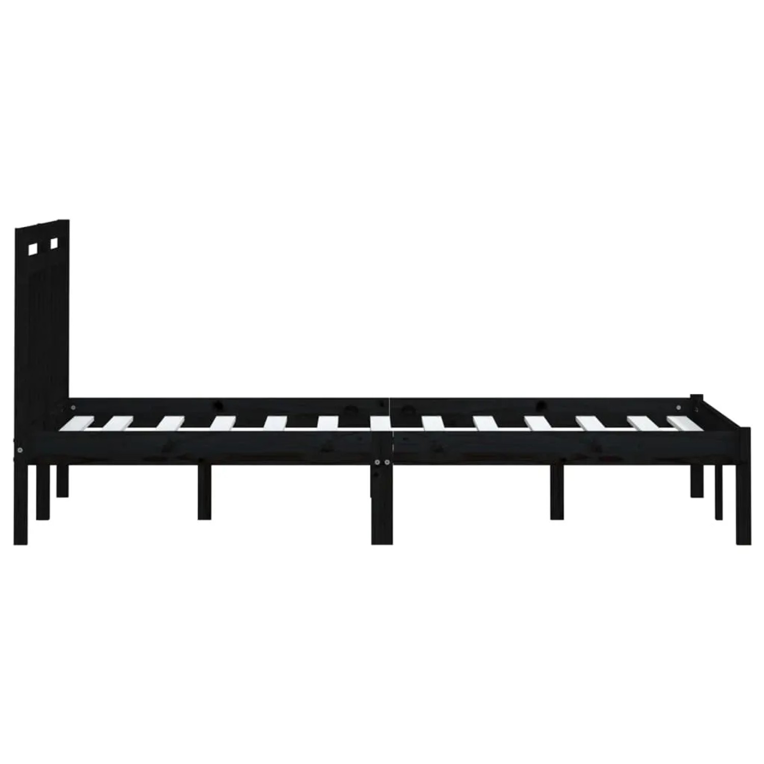 Schwarzes Massivholzbett (200x200 cm) mit Lattenrost und Kopfteil.