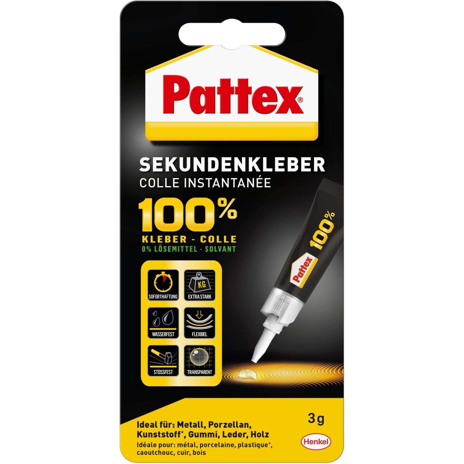 Pattex Flüssigkleber 100% Sekundenkleber Transparent 3g
