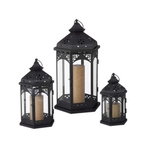 Schwarzes 3-teiliges Metall Laternen Set mit Glas und Kerzen. Dekorative Windlichter für Garten & Wohnbereich.