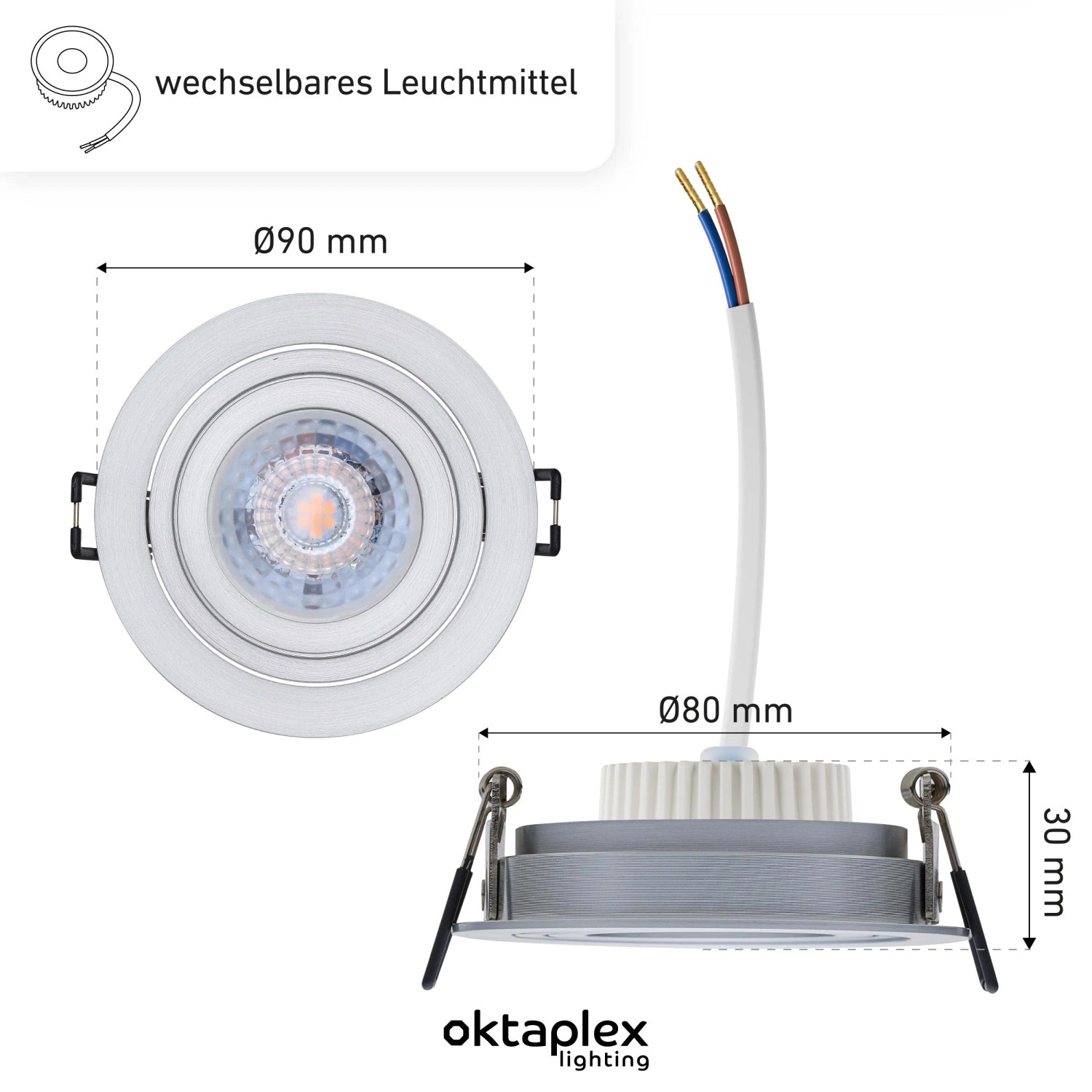Oktaplex Einbauleuchte Lyon 9er Set, Aluminium, schwenkbar, 2700K warmweiß, 4,8W, silber, rund