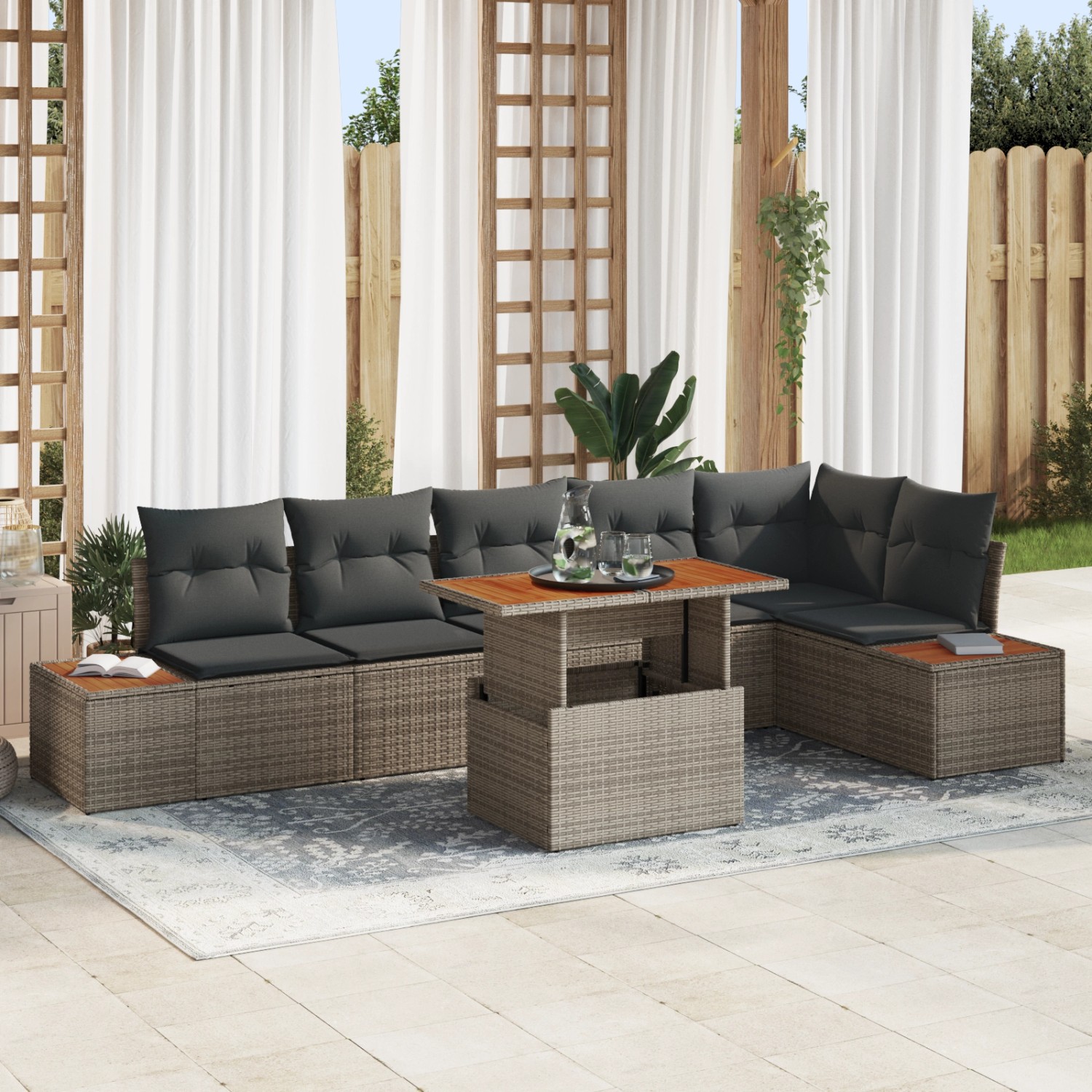 Graues 7-teiliges vidaXL Garten-Sofa-Set aus Poly Rattan mit Stauraum und Tisch.