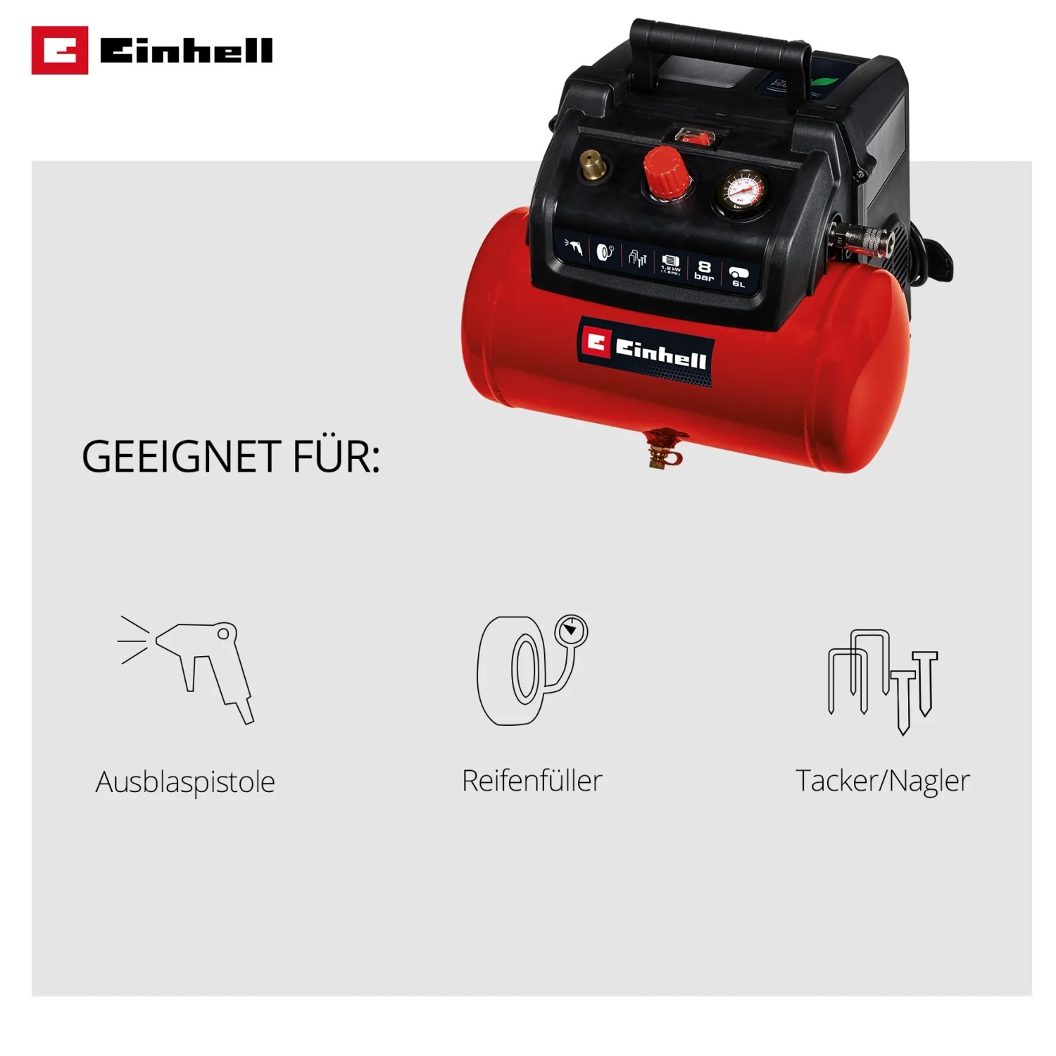Roter Einhell Kompressor TC-AC 190/6/8 Ölfrei mit Griff, zeigt Anwendungen wie Ausblasen, Reifenfüllen, Tackern.