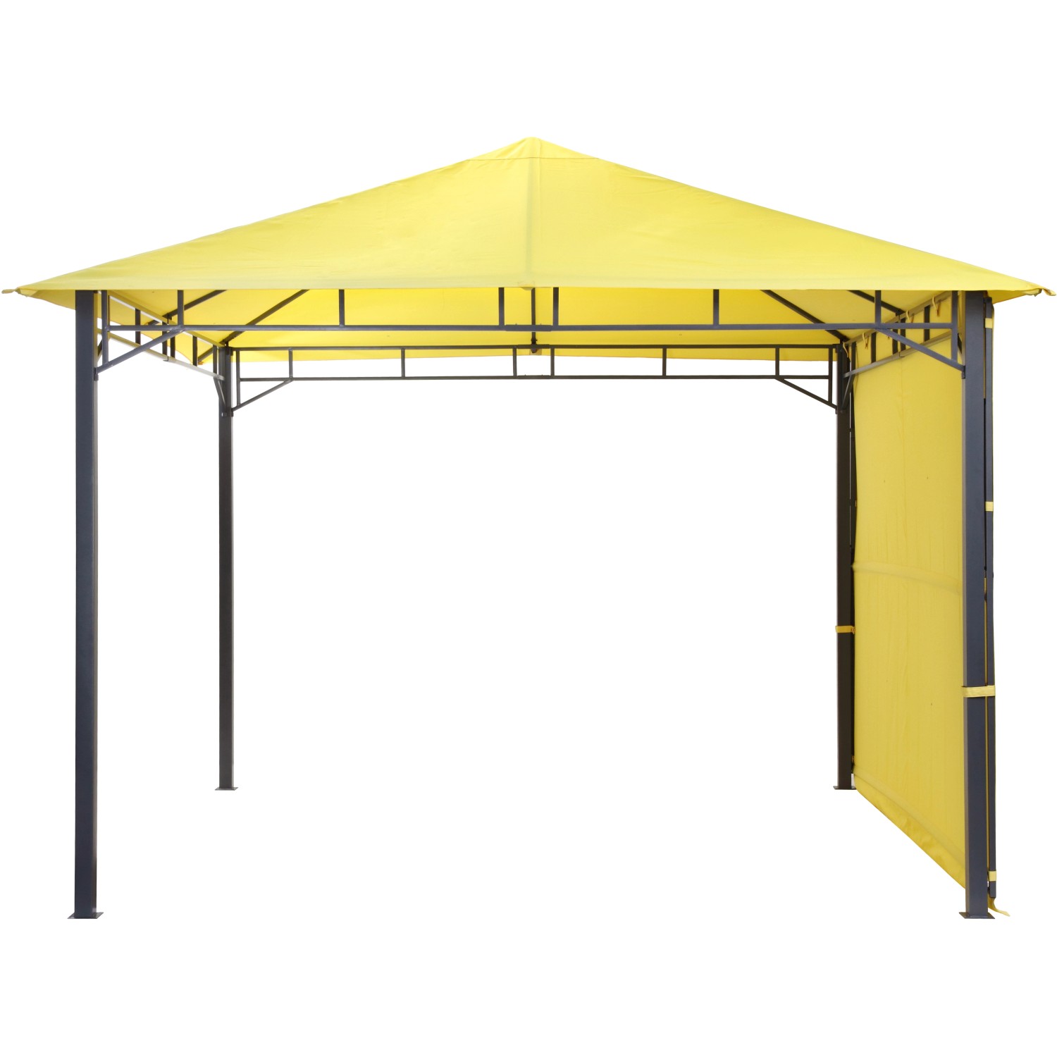 Gelber tepro Pavillon Lehua 330x330 cm mit Stahlrahmen und wasserabweisendem Dach.
