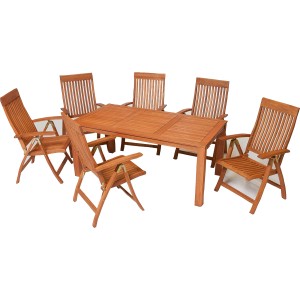 7-teilige Gartenmöbelgruppe Comodoro aus Eukalyptusholz mit 6 Klappsesseln und 1 Tisch.