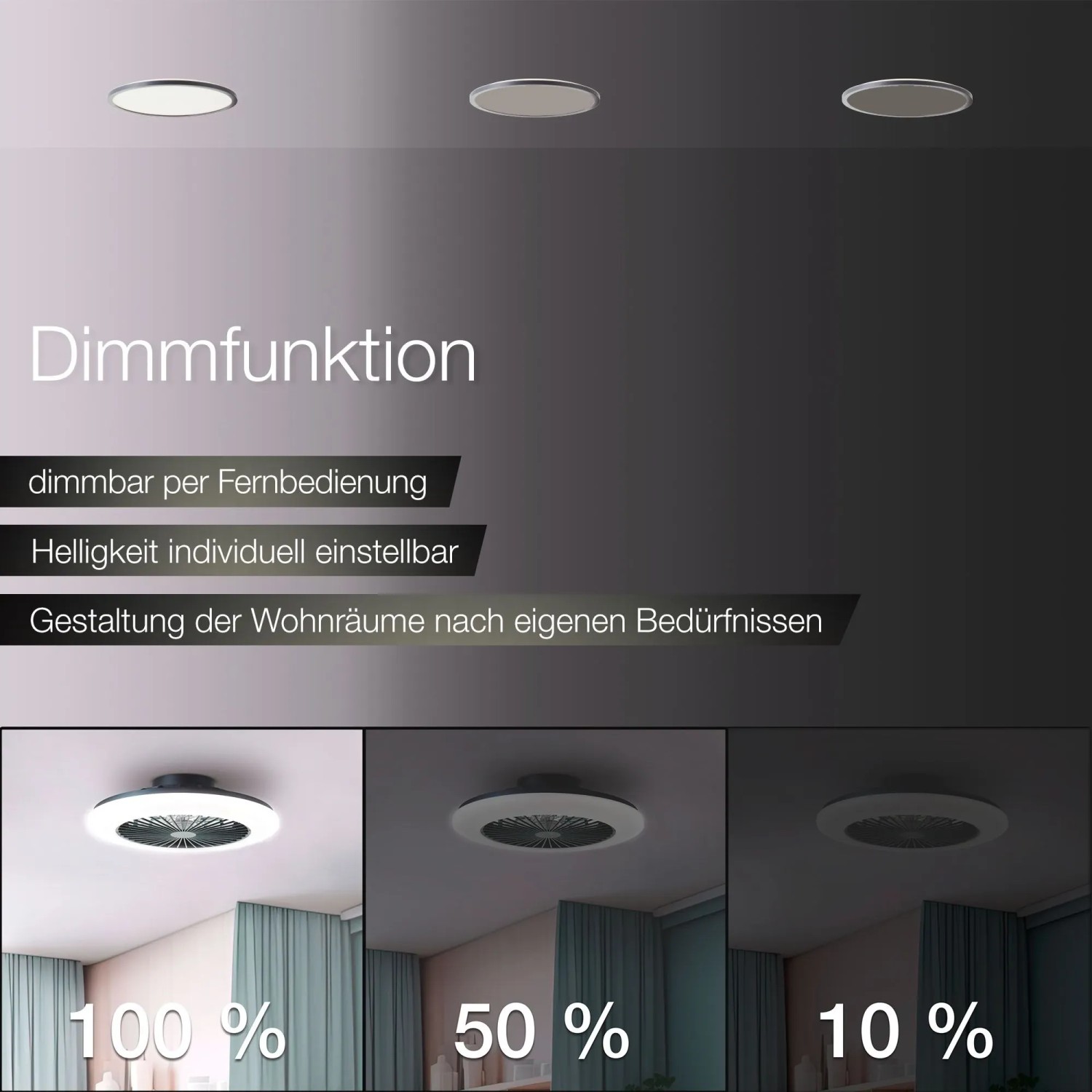 LED-Deckenleuchte Salerno mit Ventilator, schwarz, dimmbar in drei Helligkeitsstufen.
