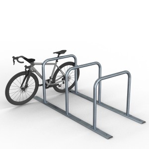Feuerverzinkte Schake Fahrradanlehnbügel Reihenanlage mit 3 Stellplätzen und einem Fahrrad.