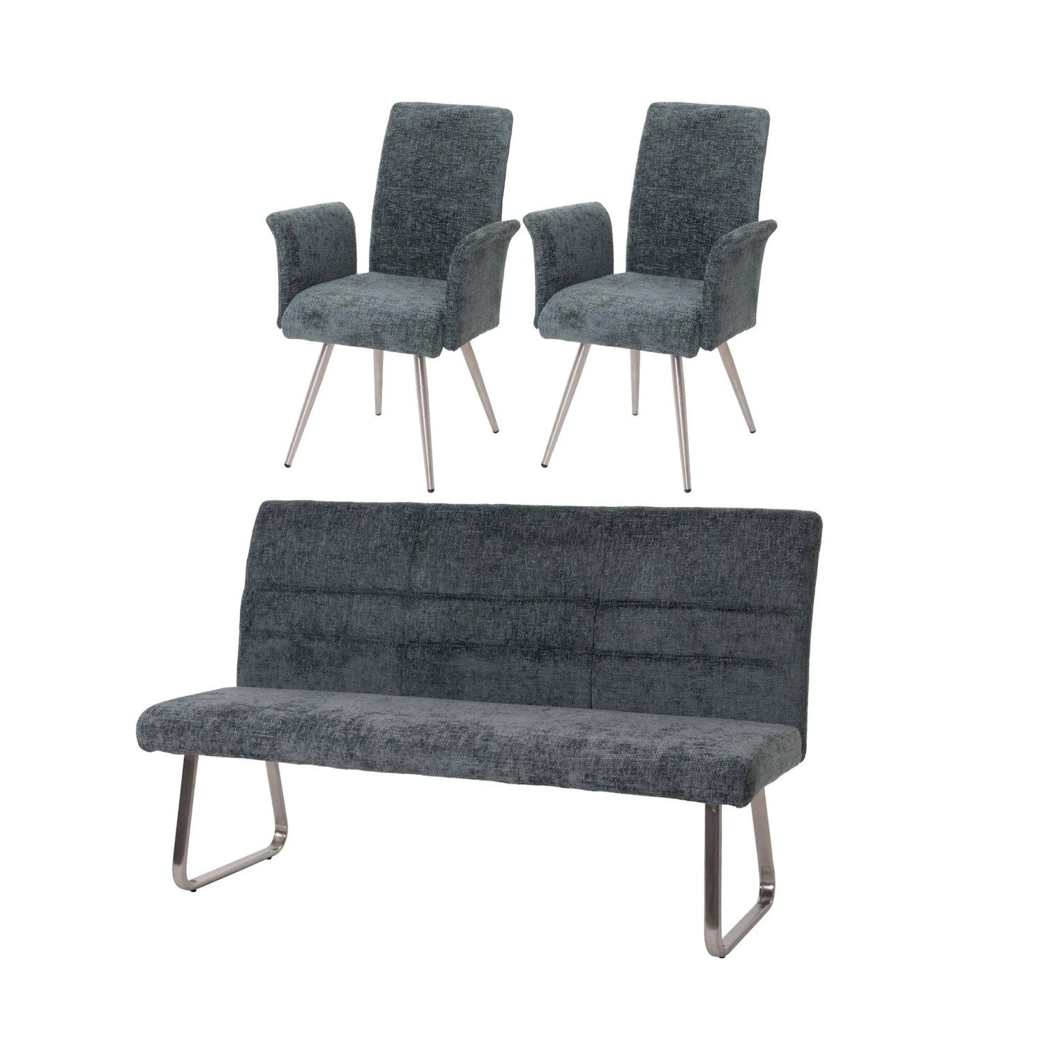 MCW Esszimmer-Set G55 2er-Set Stuhl mit Armlehne+Sitzbank 180cm 3-teilig Stoff Chenille Blau-Grün