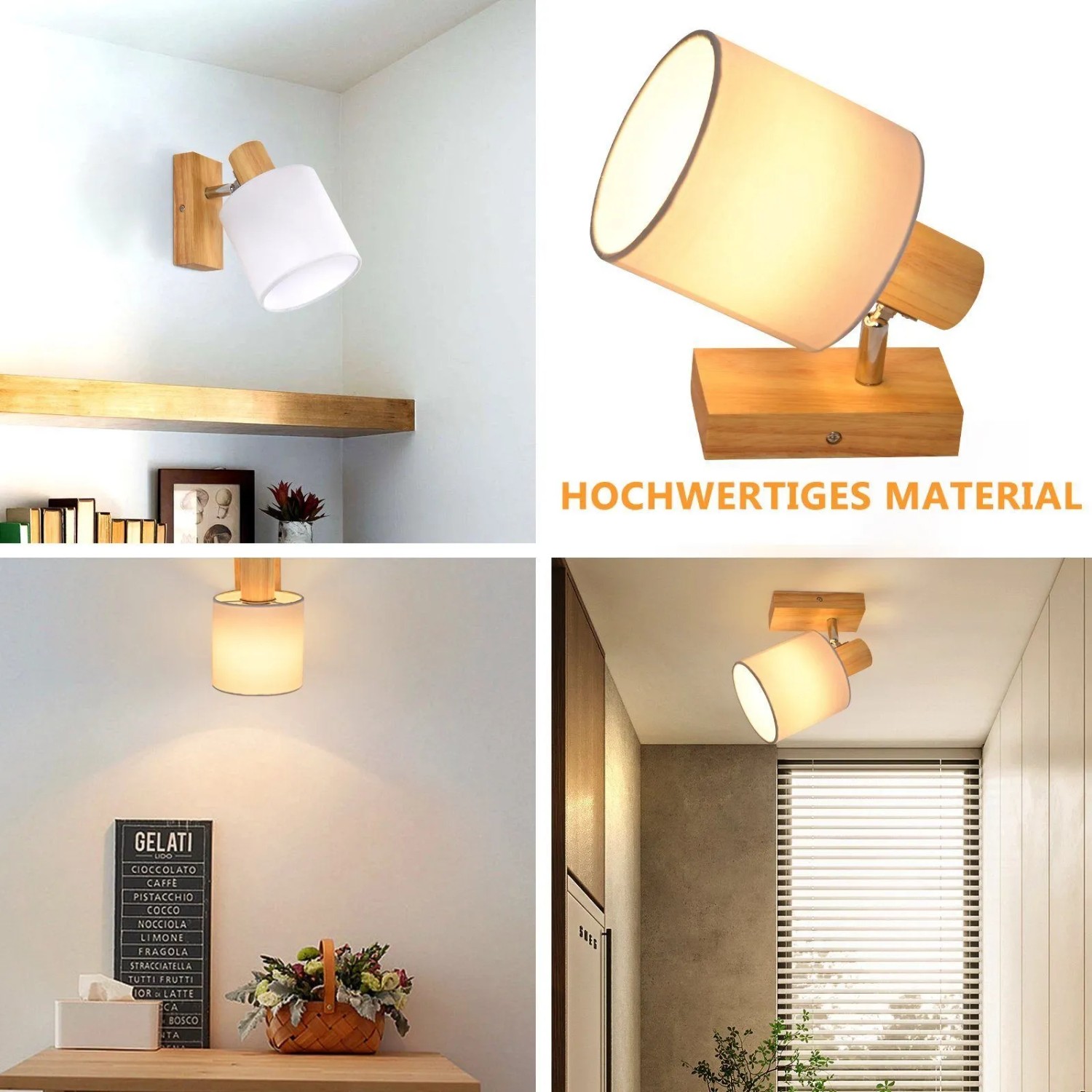 NETTLIFE Deckenstrahler Holzfarbe mit weißem Stoffschirm, drehbar, für Wand & Decke. Modernes Design.