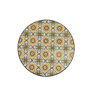 Detailansicht Tischplatte des 3-teiligen Mosaik Bistro Sets aus Eisen mit Steinmuster.