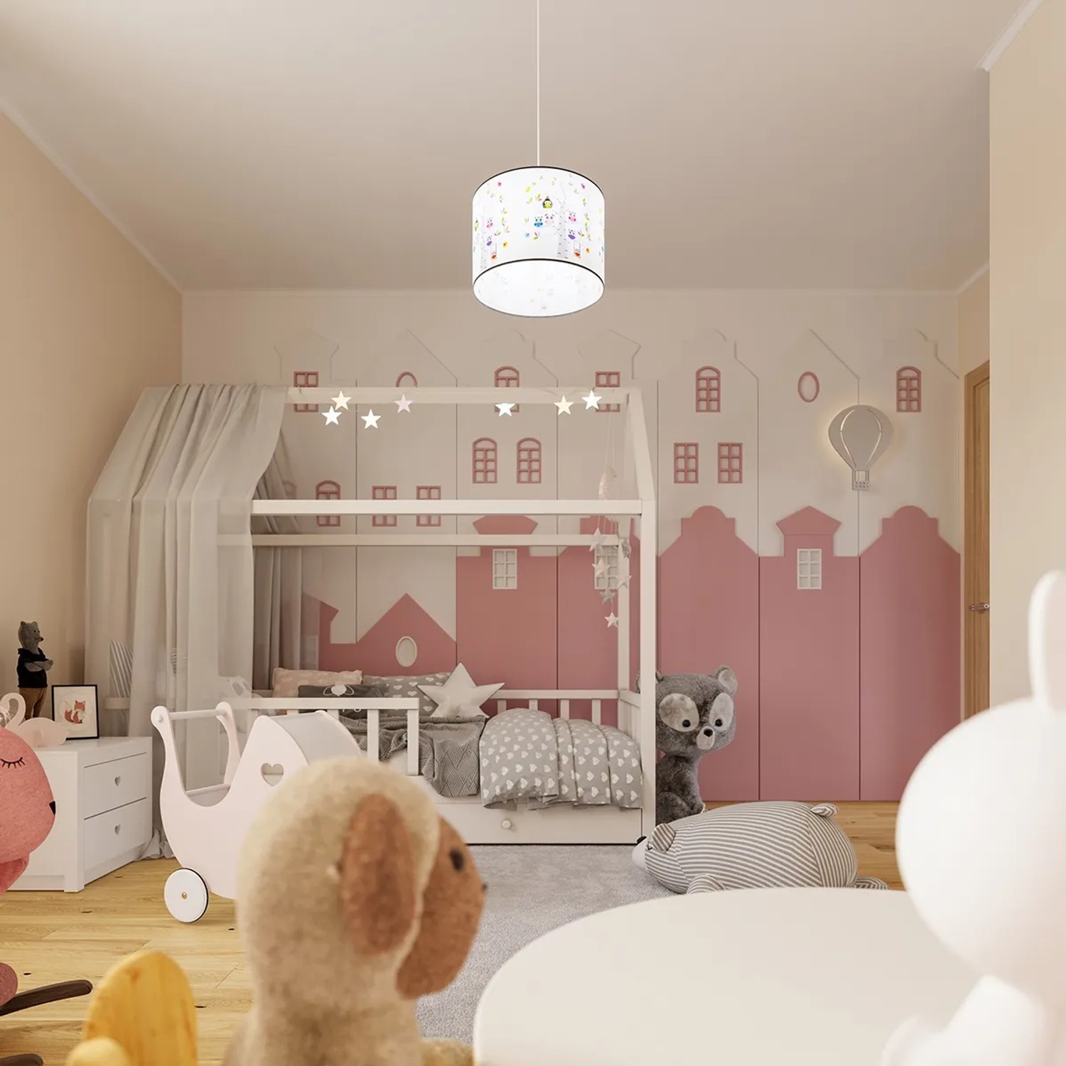 Sollux Lighting Hängeleuchte Owls 40 für Kinderzimmer, mehrfarbig mit Eulenmotiven.