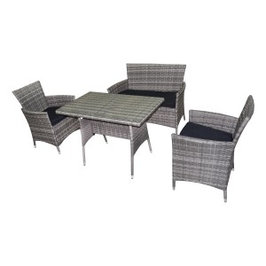 Acamp Lounge-Set Nina, 4-teilig, grau-meliert. Gartenmöbel mit Tisch, Sofa und Sesseln mit anthrazitfarbenen Kissen.