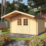 Lasita Holz-Gartenhaus Viljandi 34 mit Anbaudach, naturbelassen im Garten.
