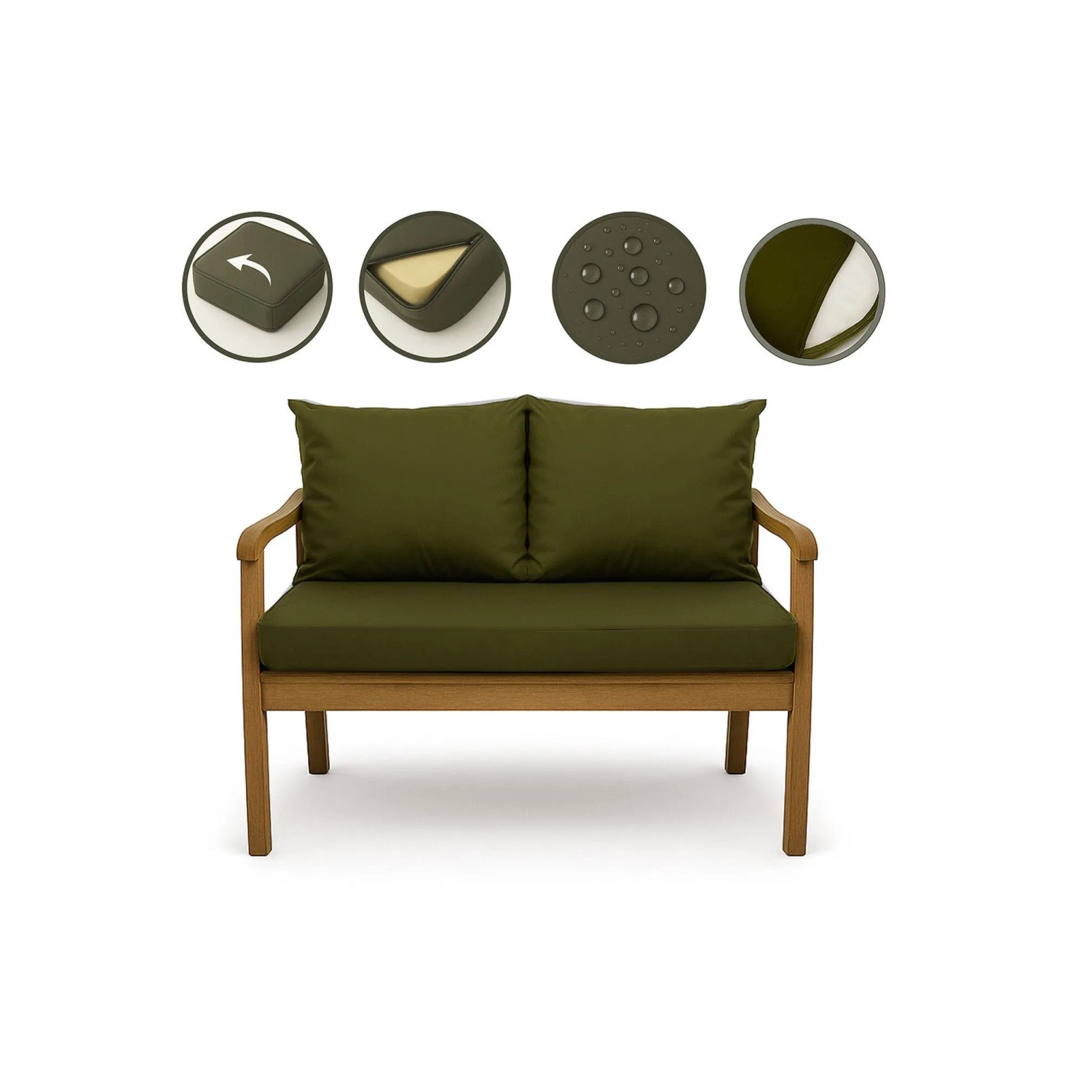 Grünes Setgarden Bankkissen-Set für 2-Sitzer Gartenbank, bestehend aus Sitz- und Rückenkissen.