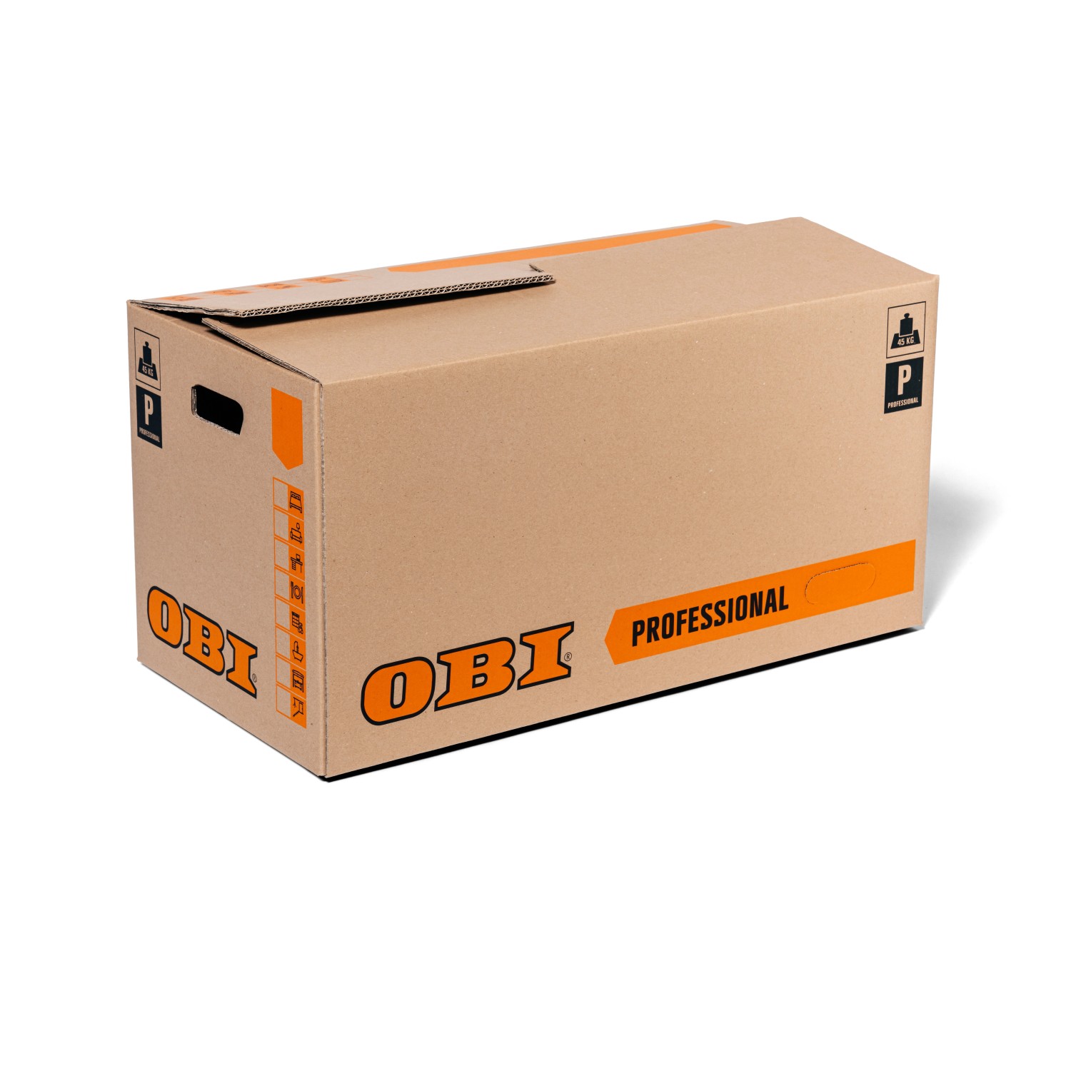 OBI Umzugskarton Professional, 80 l, mit Tragegriffen und Beschriftungsfeldern.