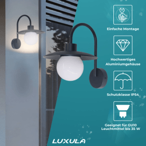 2er Set LUXULA Wandleuchten E27, schwarz, aus Aluminium für Innen und Außen.