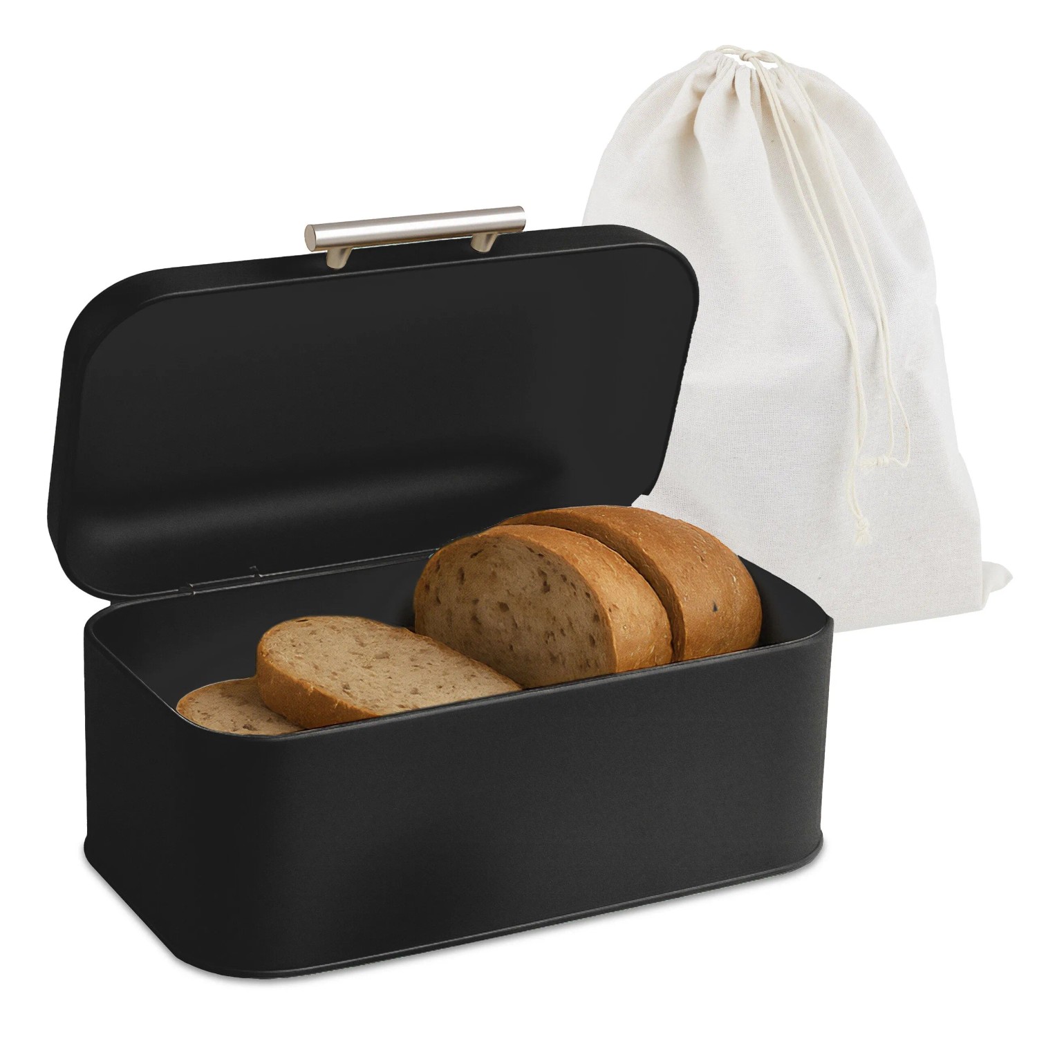 Relaxdays Brotkasten Metall Schwarz mit Deckel und Brotbeutel 15,5 cm x 30 cm x 21 cm 1 kg