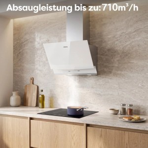 Weiße CIARRA Kopffreihaube 60 cm in moderner Küche, saugt Kochdampf ab. Mit Touch Control.
