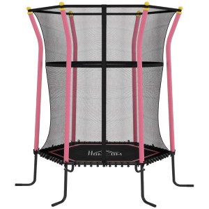 Rosa Kindertrampolin von HOMCOM mit schwarzem Sicherheitsnetz und gepolsterten Stahlpfosten für Innen- & Außenbereich.