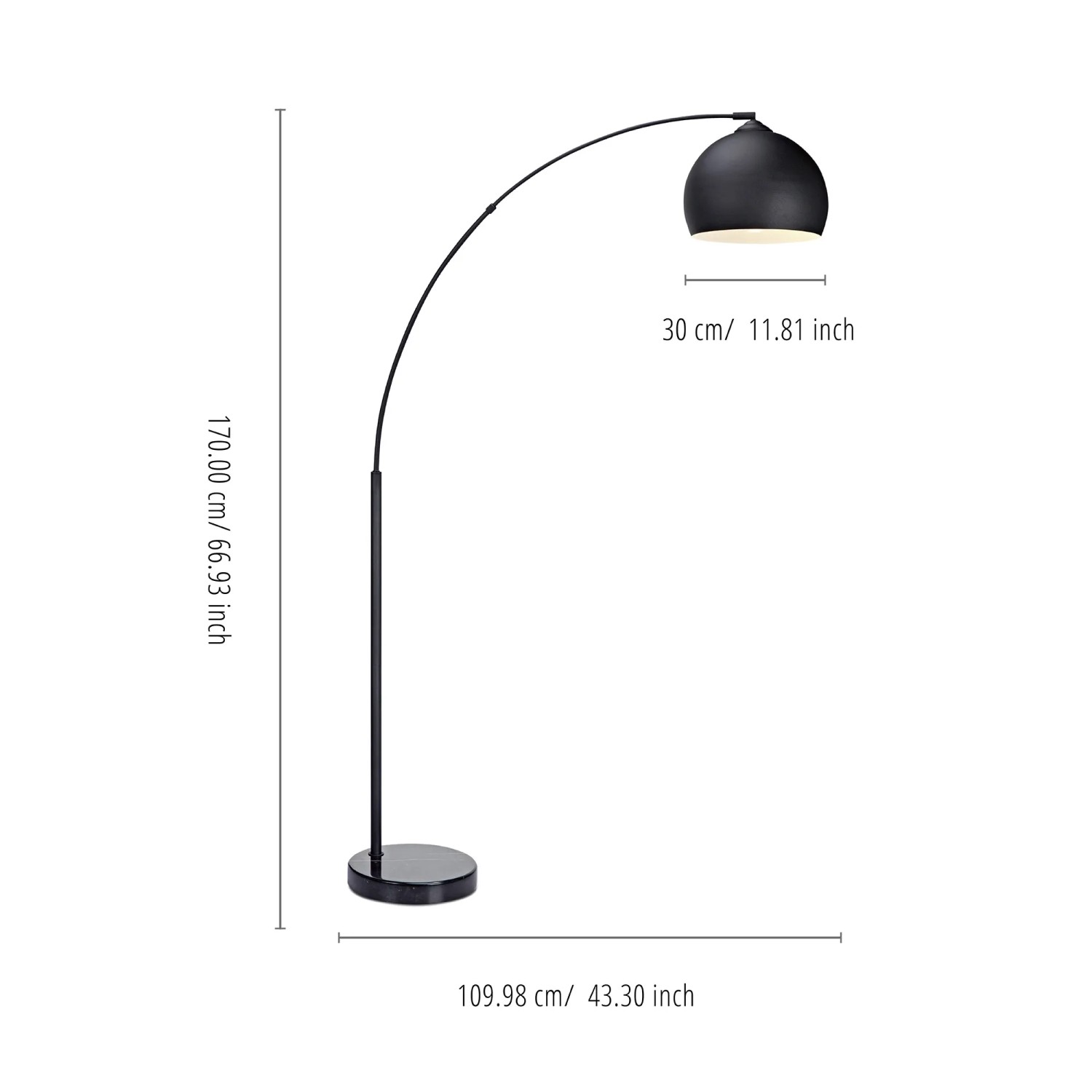 Schwarze Bogenlampe (170cm) von Teamson Home mit Marmorsockel. Moderne Stehleuchte für Wohnzimmer.